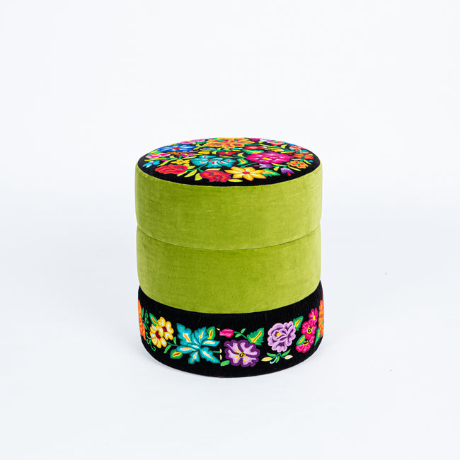 Mila Embroidered Velvet Ottoman green and black - FolkProject