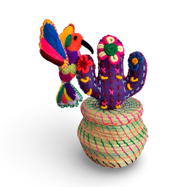 Hand Embroidered Cactus & Hummingbird Pine Needle Basket -