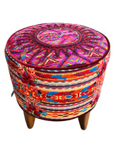Iraci multicolor round footstool upholstered in colorful Mexican and Guatemalan huipiles with  velvet piping - FolkProject