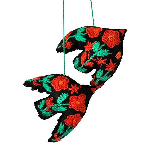 Floral Hand Embroidered Crow ornament , bright flowers embroidered on black felt.