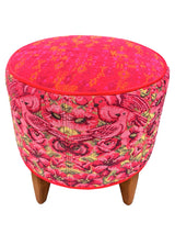 Round footstool upholstered in colorful Guatemalan huipil with vibrant red Belgian velvet piping- FolkProject