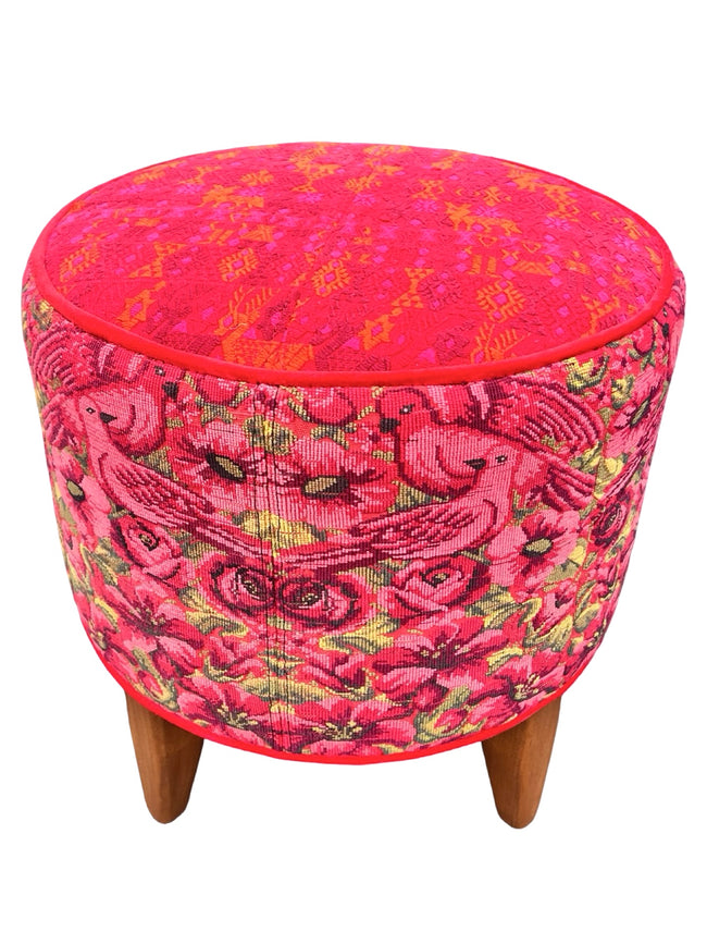 Round footstool upholstered in colorful Guatemalan huipil with vibrant red Belgian velvet piping- FolkProject
