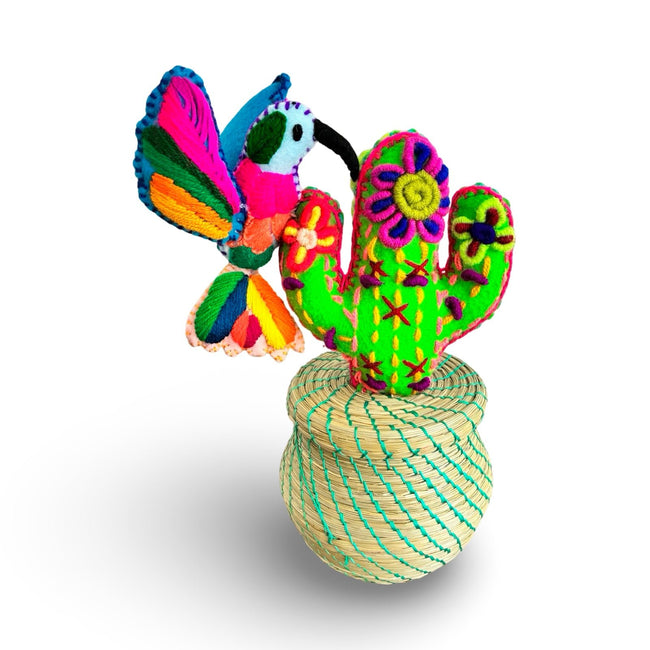 Hand Embroidered Cactus & Hummingbird Pine Needle Basket -