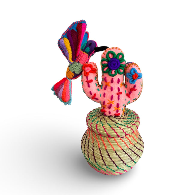 Hand Embroidered Cactus & Hummingbird Pine Needle Basket -
