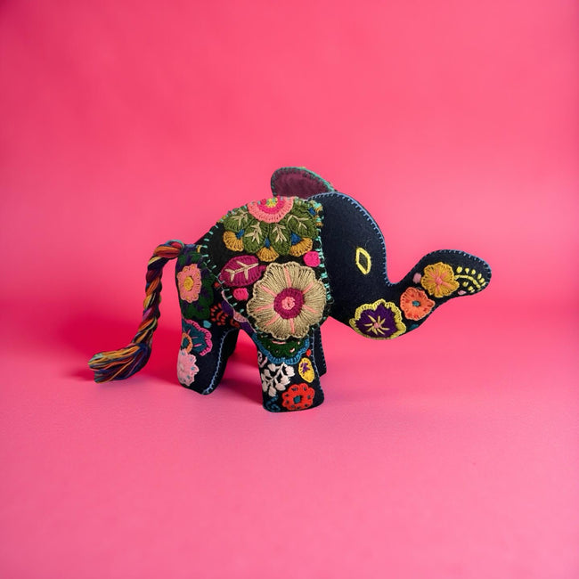 Hand-embroidered felt elephant handcrafted in Chiapas, Mexico, featuring vibrant colors and intricate embroidery- FolkProject