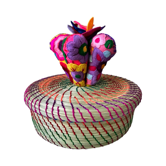 Handmade cactus tortilla basket with embroidered felt cactus and woven pine needle basket, handcrafted in Mexico- FolkProject