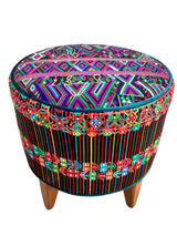 Round footstool upholstered in a colorful Guatemalan corte with teal Belgian velvet piping - FolkProject