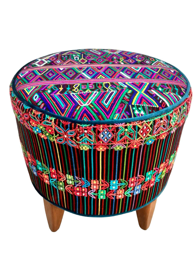 Round footstool upholstered in a colorful Guatemalan corte with teal Belgian velvet piping - FolkProject