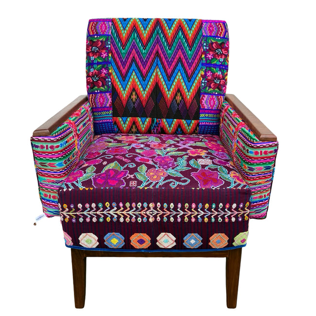 Marcela armchair featuring vintage Guatemalan Maya textiles face
