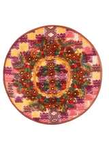 Round footstool upholstered in colorful Guatemalan huipil with rich caramel Belgian velvet piping- FolkProject