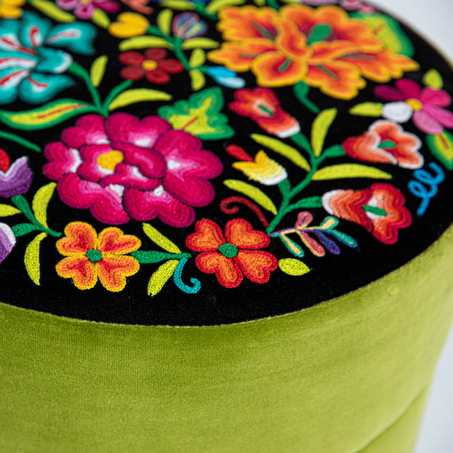 Mila Embroidered Velvet Ottoman green and black - FolkProject