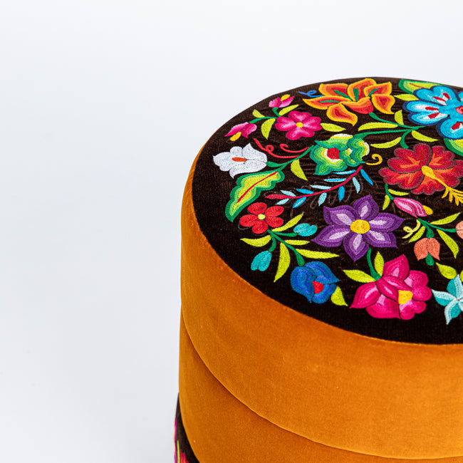Mila Embroidered Velvet Ottoman saffron and brown - FolkProject