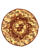 Iraci mustard round footstool upholstered in colorful Mexican and Guatemalan huipiles with mustard velvet piping- FolkProject