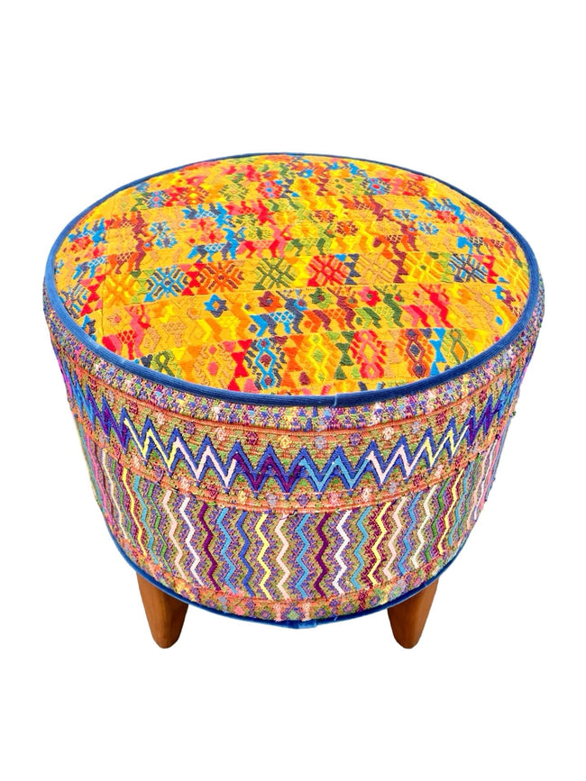Round footstool upholstered in colorful Guatemalan huipil with rich blue Belgian velvet piping- FolkProject
