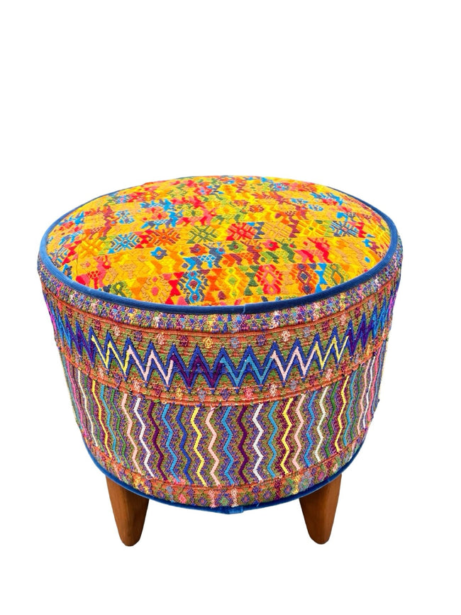 Round footstool upholstered in colorful Guatemalan huipil with rich blue Belgian velvet piping- FolkProject