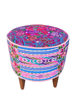 Iraci Azul round footstool upholstered in colorful Mexican and Guatemalan huipiles with pink velvet piping - FolkProject