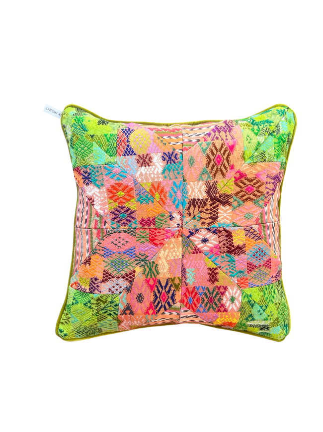 Handcrafted pillow made from colorful huipil remnants in a radial starburst pattern - FolkProject