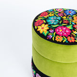 Mila Embroidered Velvet Ottoman green and black - FolkProject