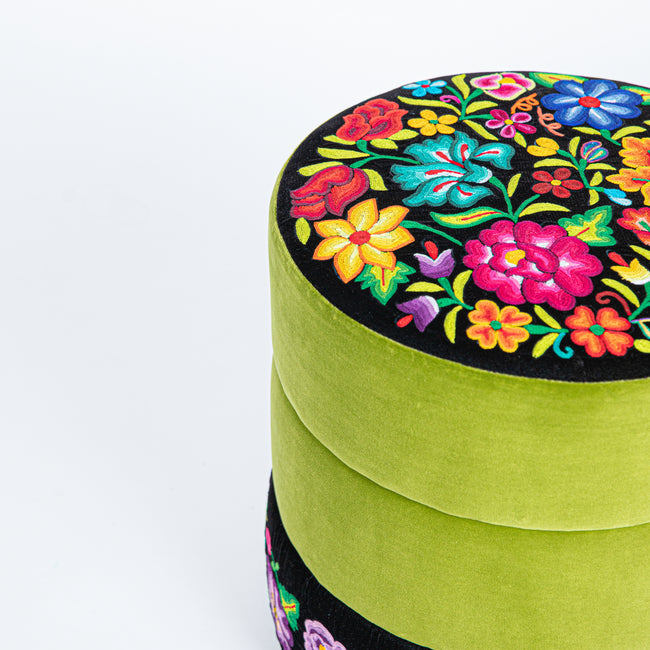 Mila Embroidered Velvet Ottoman green and black - FolkProject