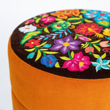 Mila Embroidered Velvet Ottoman saffron and brown - FolkProject