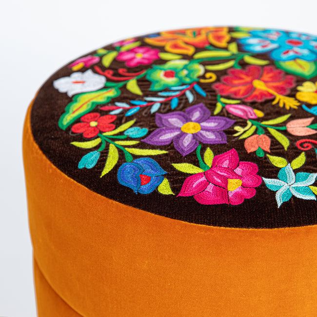 Mila Embroidered Velvet Ottoman saffron and brown - FolkProject