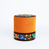 Mila Embroidered Velvet Ottoman saffron and brown - FolkProject