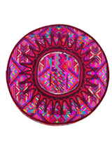 Iraci multicolor round footstool upholstered in colorful Mexican and Guatemalan huipiles with  velvet piping - FolkProject