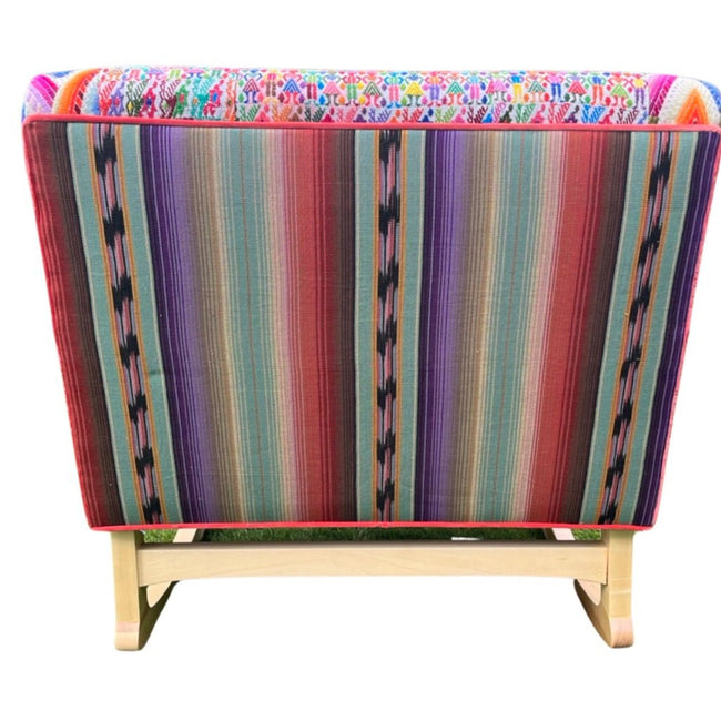 Malia handcrafted rocking chair upholstered in colorful Guatemalan huipil, corte, and handwoven ikat textiles. - FolkProject