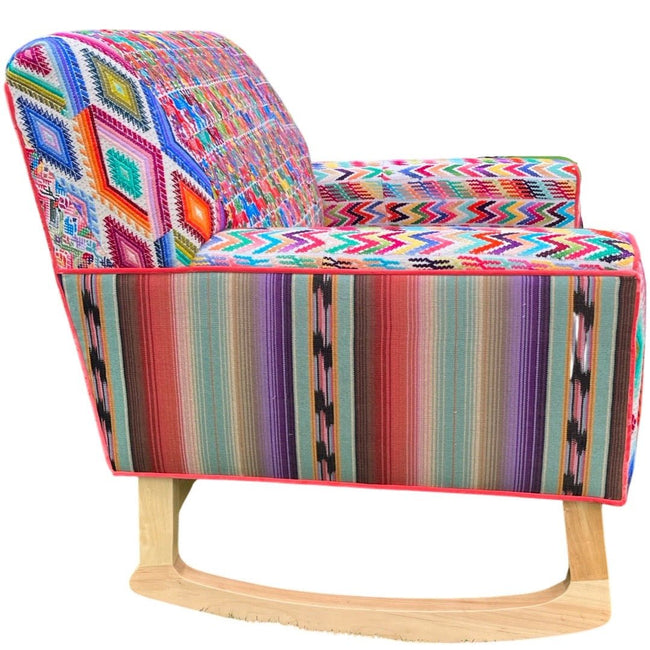 Malia handcrafted rocking chair upholstered in colorful Guatemalan huipil, corte, and handwoven ikat textiles. - FolkProject