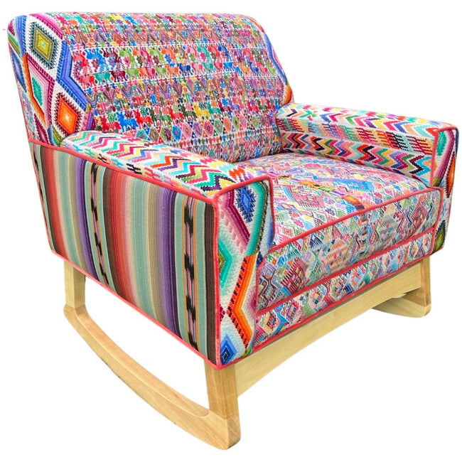 Malia handcrafted rocking chair upholstered in colorful Guatemalan huipil, corte, and handwoven ikat textiles. - FolkProject