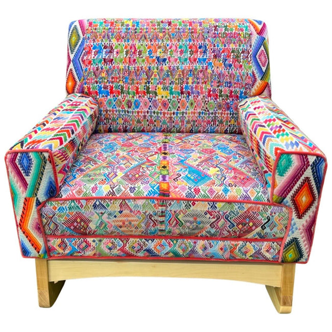 Malia handcrafted rocking chair upholstered in colorful Guatemalan huipil, corte, and handwoven ikat textiles. - FolkProject