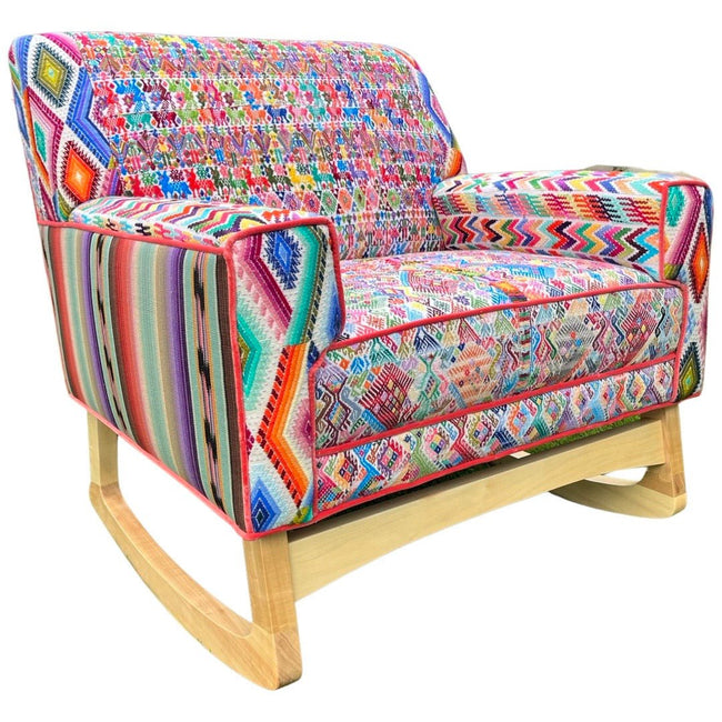 Malia handcrafted rocking chair upholstered in colorful Guatemalan huipil, corte, and handwoven ikat textiles. - FolkProject