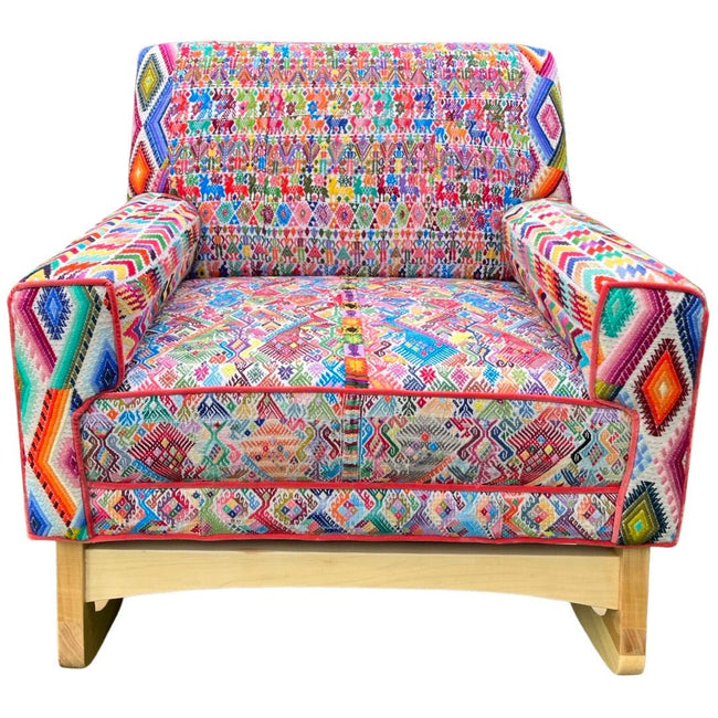 Malia handcrafted rocking chair upholstered in colorful Guatemalan huipil, corte, and handwoven ikat textiles. - FolkProject