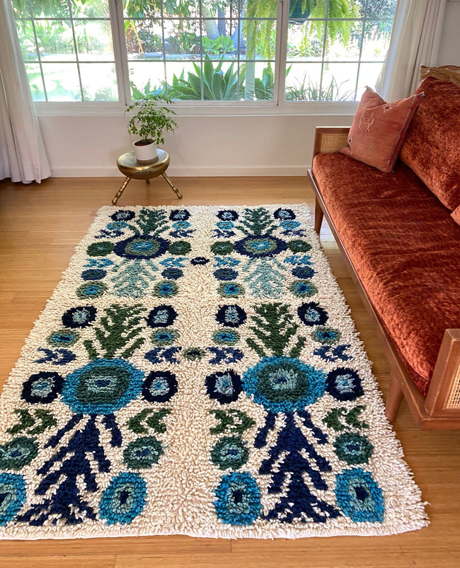 Wool shag rug floral blues/ greens - FolkProject