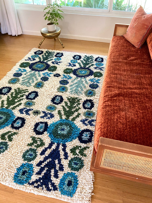Wool shag rug floral blues/ greens - FolkProject