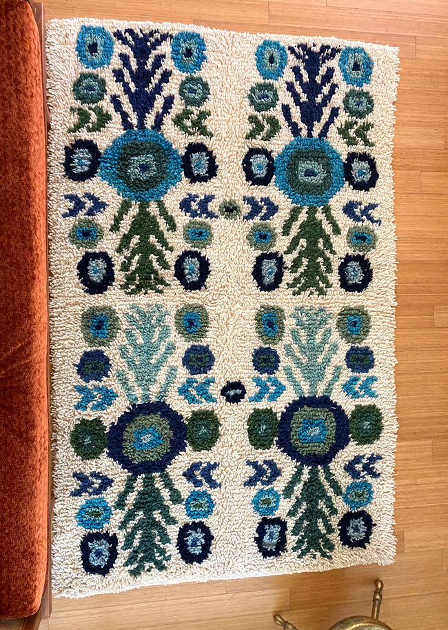 Wool shag rug floral blues/ greens - FolkProject