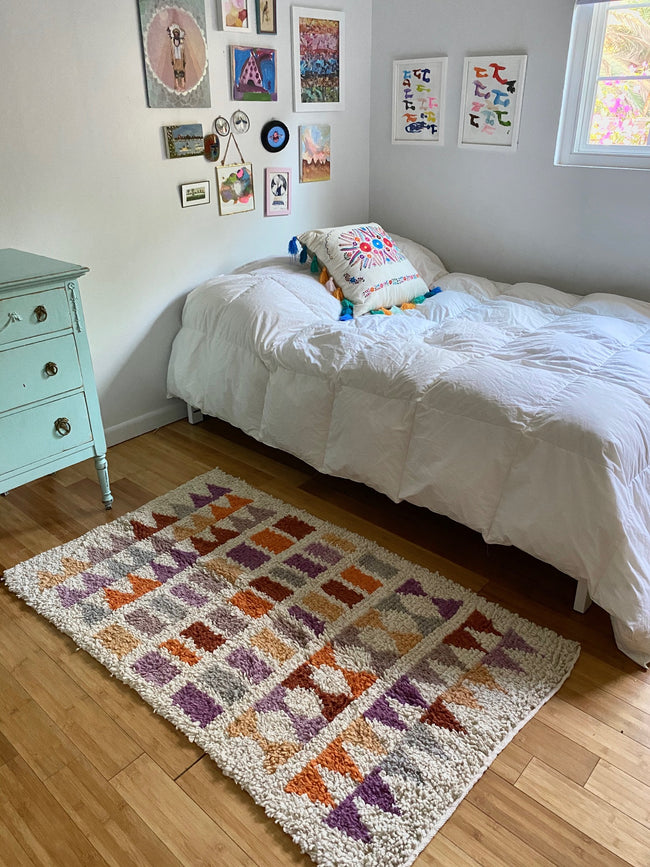 Small Wool shag rug geometric mauve / mustard / orange - FolkProject