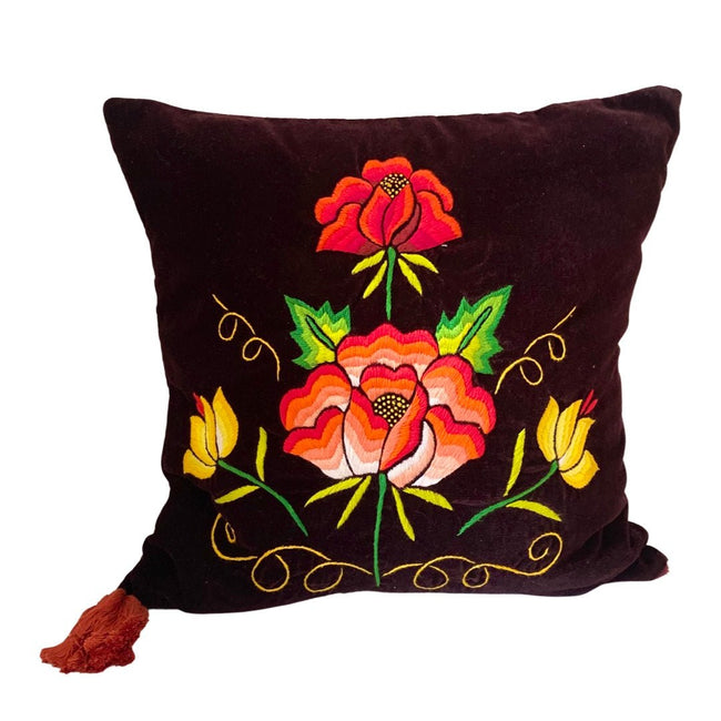 Embroidered velvet Mila pillows saffron, dark green, plum - FolkProject