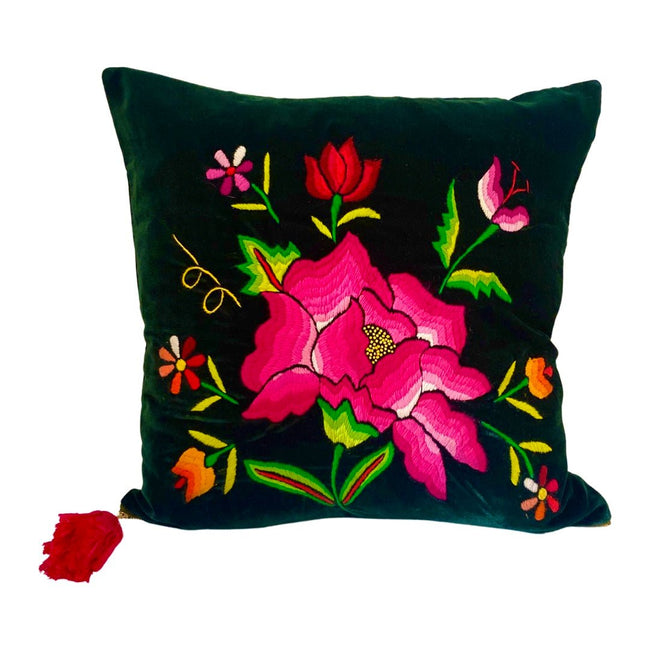 Embroidered velvet Mila pillows saffron, dark green, plum - FolkProject