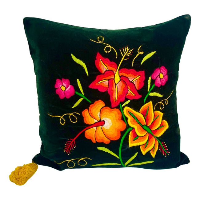 Embroidered velvet Mila pillows saffron, dark green, plum - FolkProject