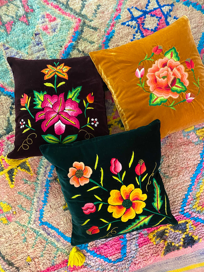 Set of Embroidered velvet Mila pillows in saffron, dark green & plum. Handcrafted accent pillows for your home-FolkProject.