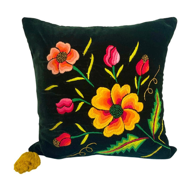 Embroidered velvet Mila pillows saffron, dark green, plum - FolkProject