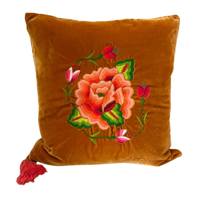 Embroidered velvet Mila pillows saffron, dark green, plum - FolkProject