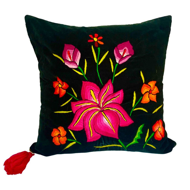 Embroidered velvet Mila pillows saffron, dark green, plum - FolkProject
