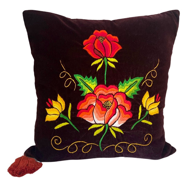 Embroidered velvet Mila pillows saffron, dark green, plum - FolkProject