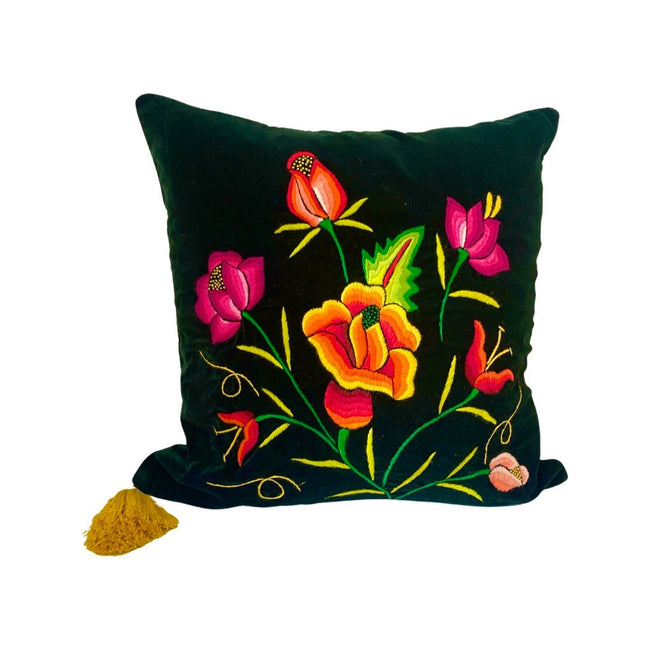 Embroidered velvet Mila pillows saffron, dark green, plum - FolkProject