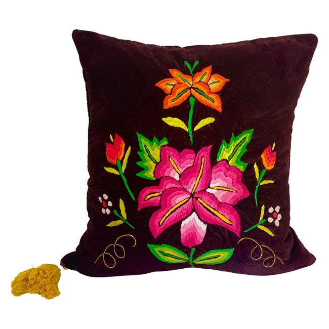 Embroidered velvet Mila pillows saffron, dark green, plum - FolkProject
